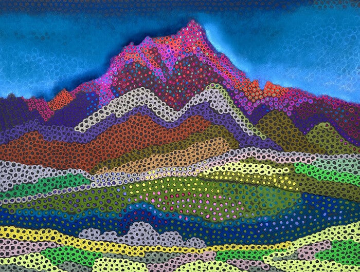 Magic Mountain 2, 2023, oil pastel on board, 19 x 24 in. / 48.26 x 60.96 cm.
