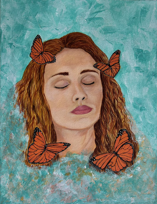 Mariposa Reve: A Quiet Reflection, 2023, acrylic, 14 x 11 in. / 35.56 x 27.94 cm.