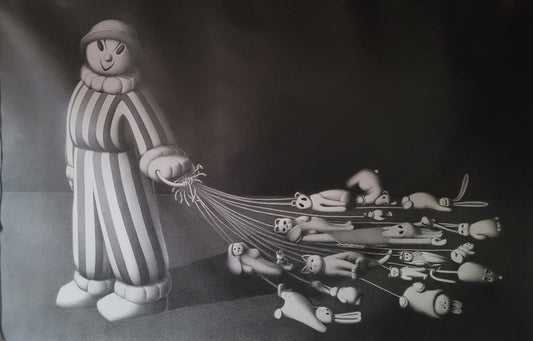 Mr. Clown Takes His Friends For A Midnight Stroll, 2021, graphite on paper, 94 x 144 in. / 238.76 x 365 cm.