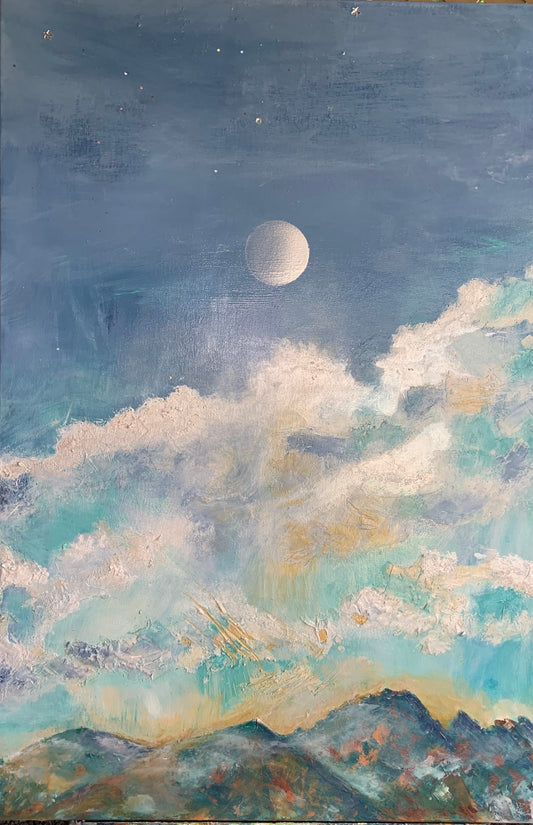 Moonrise over Mountains, 2023, textured acrylic on canvas, 24 x 36 in. / 60.96 x 91.44 cm.