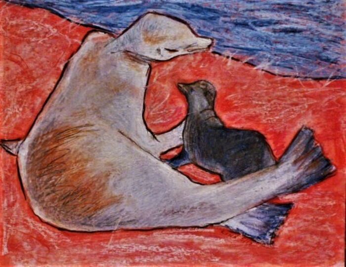 Mother and Child (Galapagos Sea Lions), 2015, mixed media on paper, 9 x 12 in. / 22.86 x 30.48 cm.