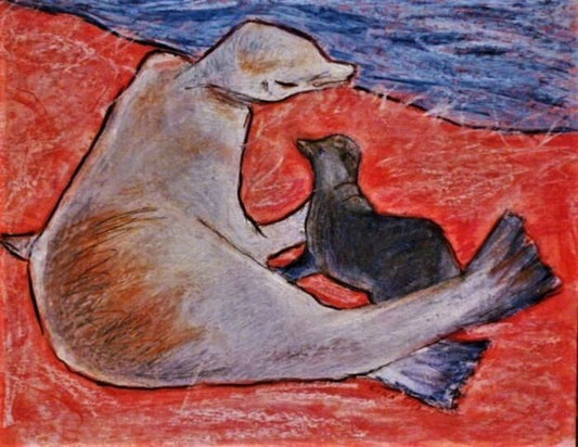 Mother and Child (Galapagos Sea Lions), 2015, mixed media on paper, 9 x 12 in. / 22.86 x 30.48 cm.