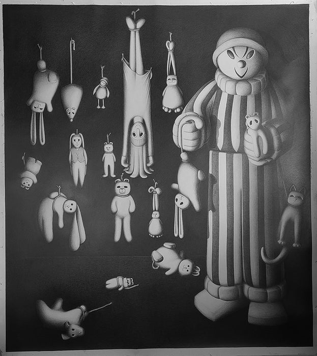 Mr. Clown Hangs Out With His Friends, 2023, graphite on paper, 102 x 94 in. / 259.08 x 238.76 cm.