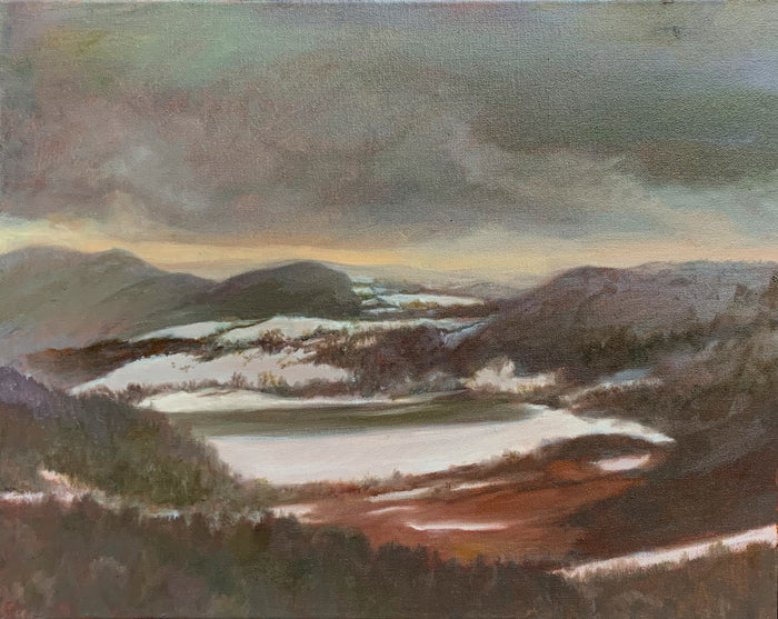 Mudge Pond, Winter, 2021, oil on canvas, 16 x 20 in. / 40.64 x 50.8 cm.