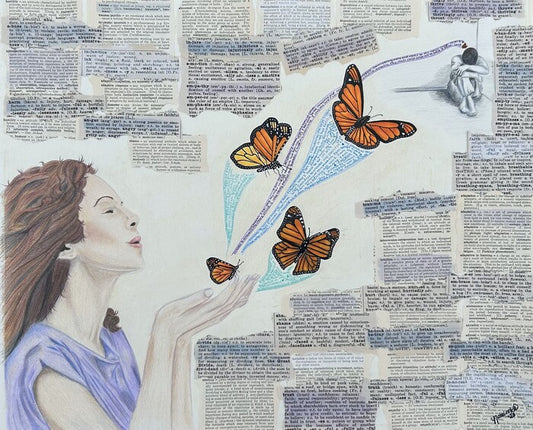 New Beginnings: Fluttering Hope, 2023, mixed media, 18 x 24 in. / 45.72 x 60.96 cm.