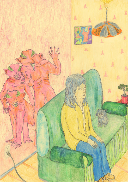 Watched From a World Within Wallpaper, 2023, colored pencil on paper, 11.7 x 8.3 in. / 29.718 x 21.082 cm.