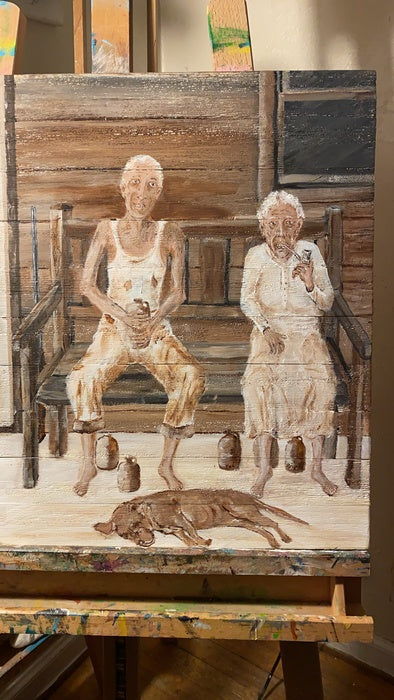 Old Hillbillies on Porch, 2021, acrylic on wood, 20 x 16 in. / 50.8 x 40.64 cm.