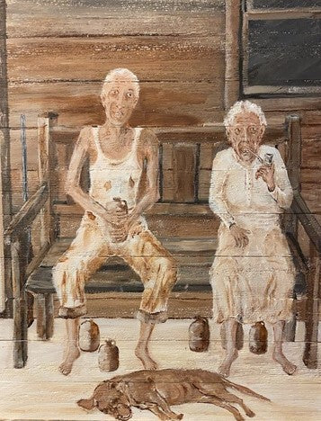 Old Hillbillies on Porch, 2021, acrylic on wood, 20 x 16 in. / 50.8 x 40.64 cm.