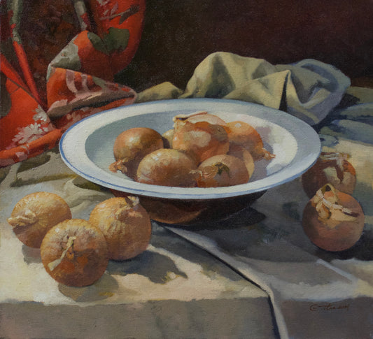 Onions, 2024, oil on canvas, 20 x 22 in. / 50.8 x 55.88 cm.