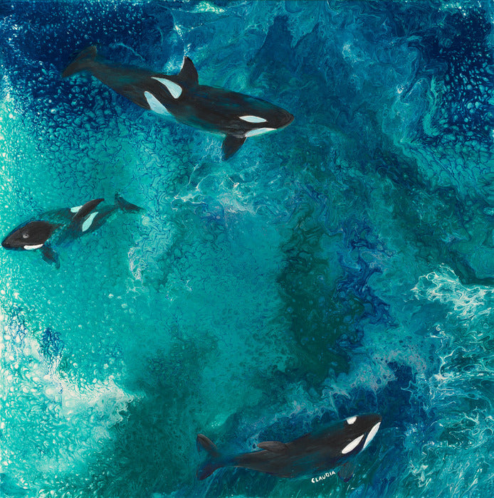 Orca Family, 2022, acrylic, 24 x 24 in. / 60.96 x 60.96 cm.