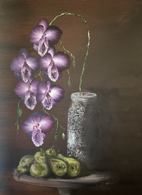 Orchids and Pears, 2023, acrylic on canvas, 24 x 18 in. / 60.96 x 45.72 cm.