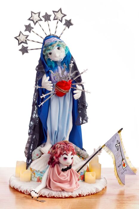 Our Lady, 2020, mixed media soft sculpture, 36 x 18 x 18 in. / 91.44 x 45.72 x 45.72 cm.