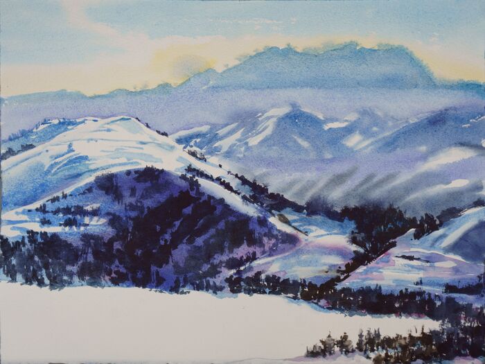 Patterson Lake and the Chelan Crest, 2022, watercolor on paper, 11 x 15 in. / 27.94 x 38.1 cm.