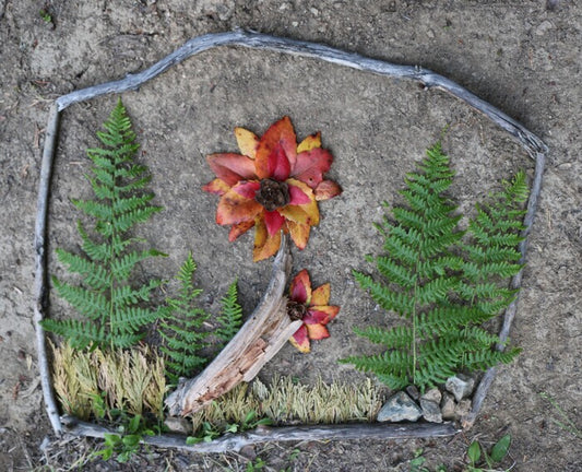 Peeking Forest Flowers, 2023, land art, 24 x 16 in. / 60.96 x 40.5 cm.