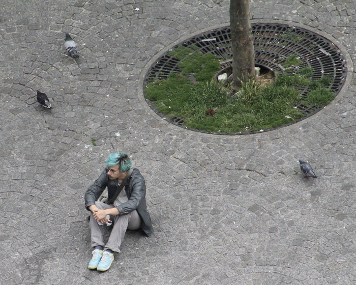 Pensive Guy & Pigeons, 2023, photography, 8 x 10 in. / 20.32 x 25.4 cm.