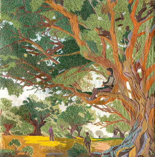 Quiet Above the World, 2025, embroidery, 16 x 16 in. / 40.64 x 40.64 cm.