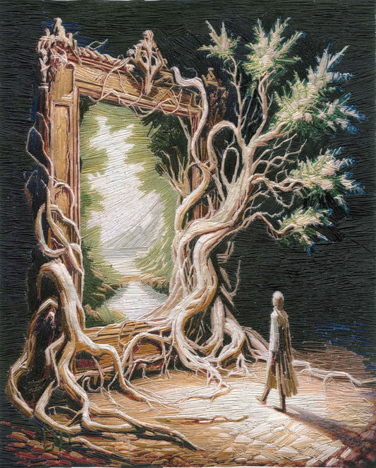 Walking into the Future, 2025, embroidery, 14 x 18 in. / 35.56 x 45.72 cm.