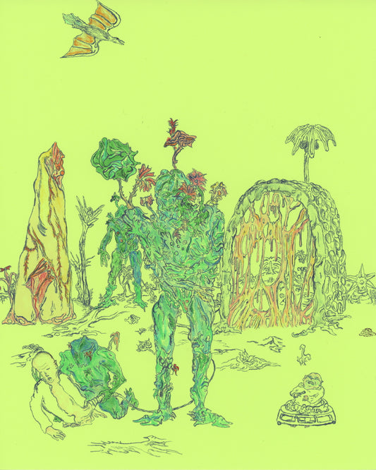 Prehysteria Stoic Cleansing, 2022, colored pencil on paper, 11 x 8.5 in. / 27.94 x 21.59 cm.