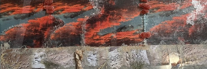 Red Bear Cloud Watching the Dunes, 2024, mixed media collage, 12 x 34 in. / 30.48 x 86.36 cm.