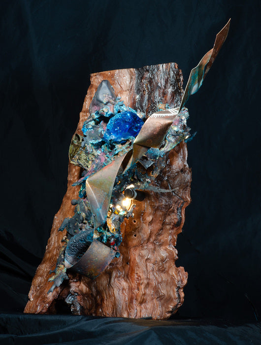 Splash Copper & Glass On Redwood Sculpture, 2023, mixed media, 12 x 14 in. / 30.48 x 35.56 cm.