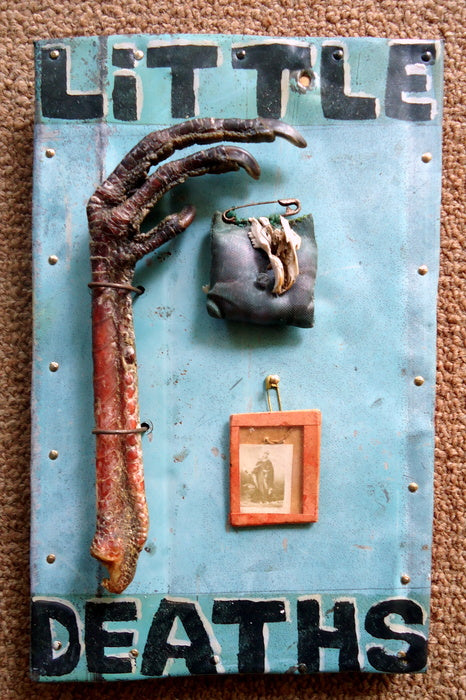 LiTTLE DEATHS, 2020, found objects with mixed media on board, 8 x 5 in. / 20.32 x 12.7 cm.