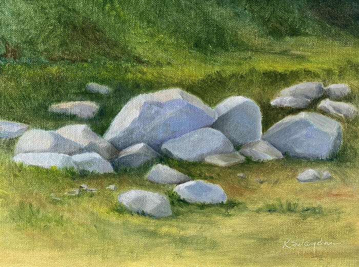 Rocks in the Arroyo Secom, 2024, oil on linen panel, 6 x 8 in. / 15.24 x 20.32 cm.