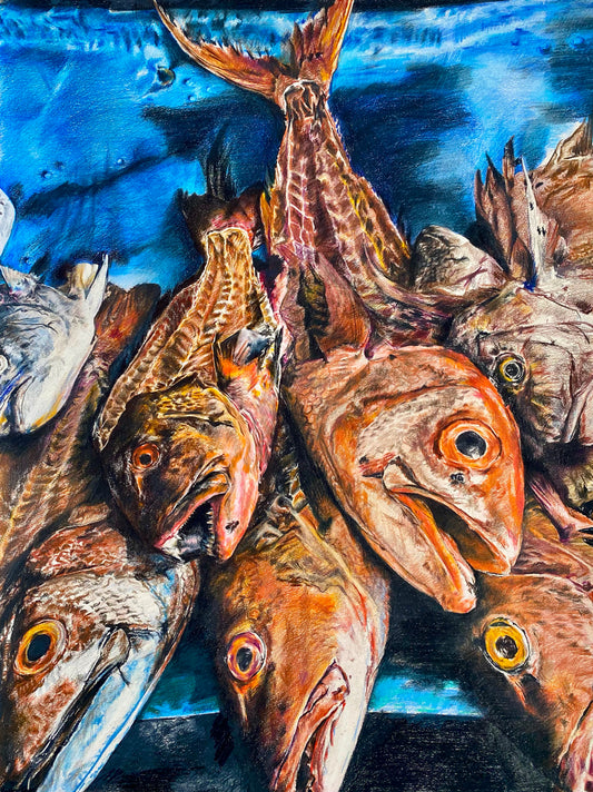 Fish Market, 2025, colored pencils, 30 x 22 in. / 76.2 x 55.88 cm.