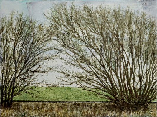 Scrub Trees with Rail, 2023, watercolor, 12 x 9 in. / 30.48 x 22.86 cm.