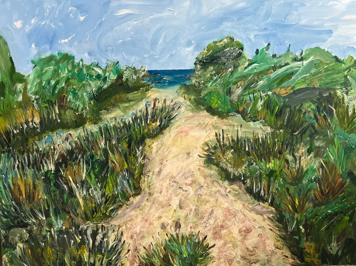 Self Portrait in Sand-Path to the Ocean, 2023, acrylic, 30 x 40 in. / 76.2 x 101.6 cm.