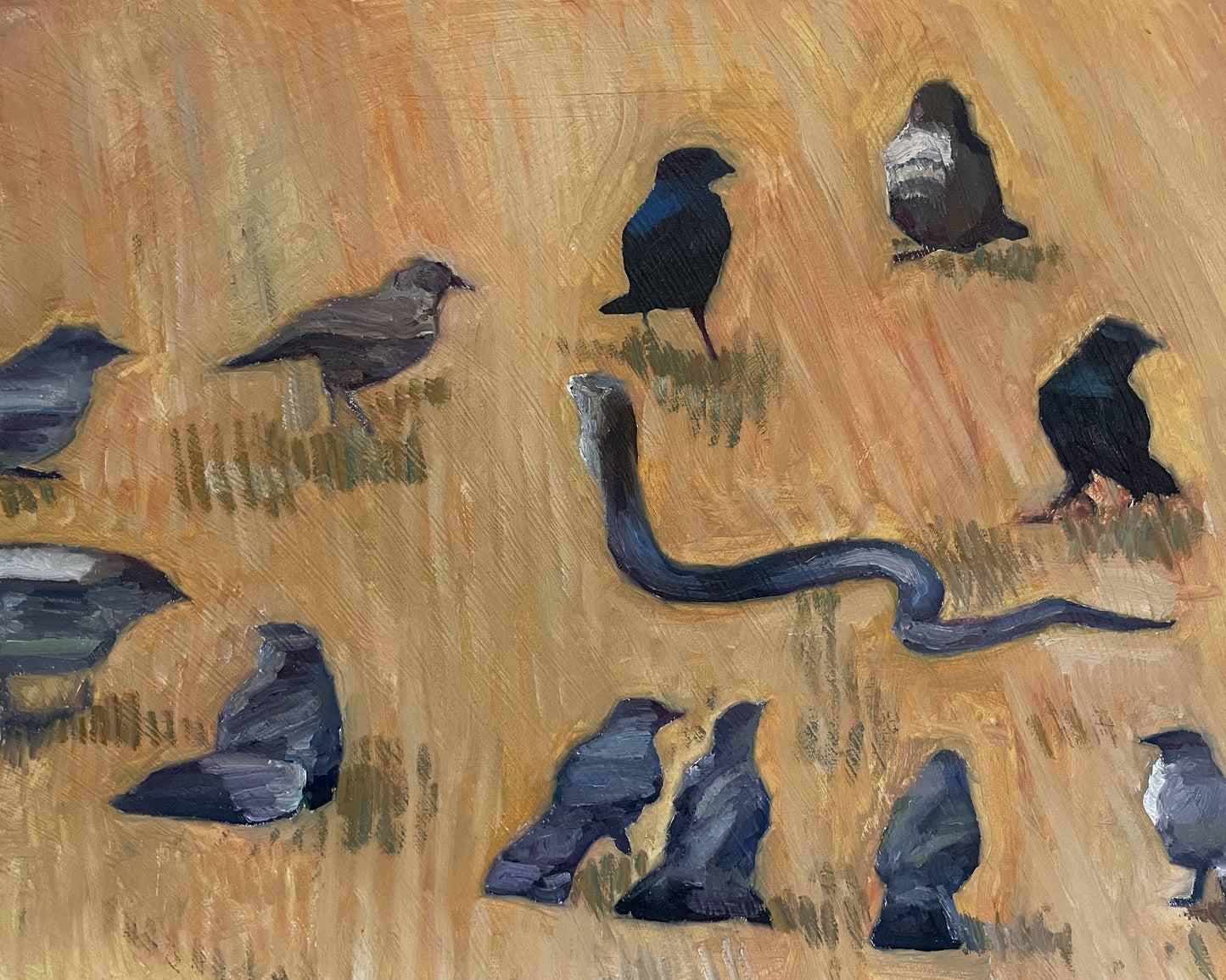Snake and Birds, 2023, oil on canvas, 16 x 20 in. / 40.64 x 50.8 cm.