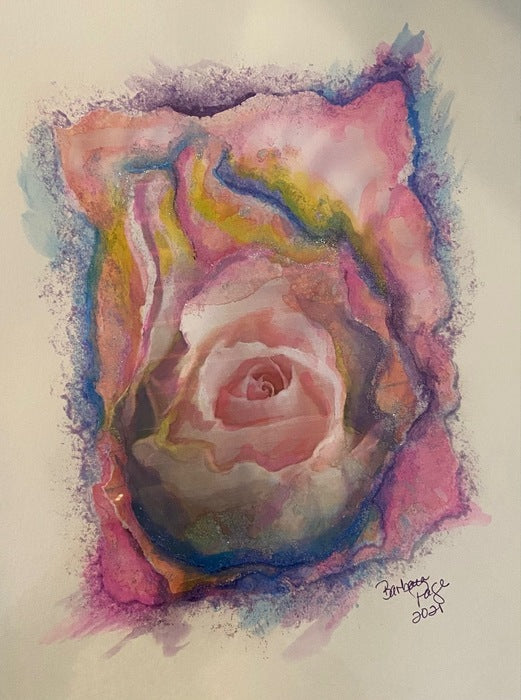 Sparkling Rose, 2021, watercolor collage, 21.75 x 17.75 in. / 55.2 x 45.08 cm.