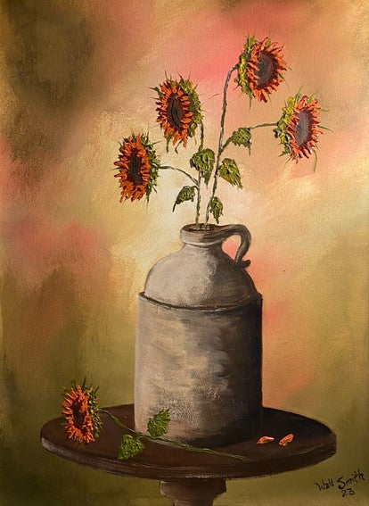 Sunflowers in a Whiskey Jug, 2023, acrylic on canvas, 24 x 18 in. / 60.96 x 45.72 cm.