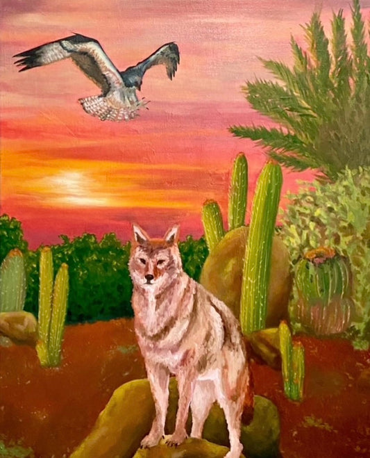 Sunset Predators, 2022, oil on canvas, 22 x 28 in. / 55.88 x 71.12 cm.