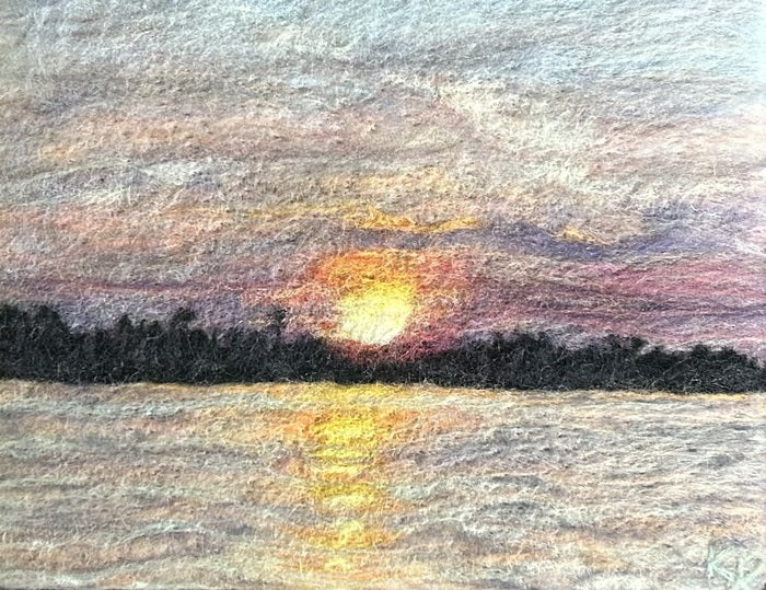 Sunset on Saganaga, 2023, wool needle felt, 8 x 10 in. / 20.32 x 25.4 cm.