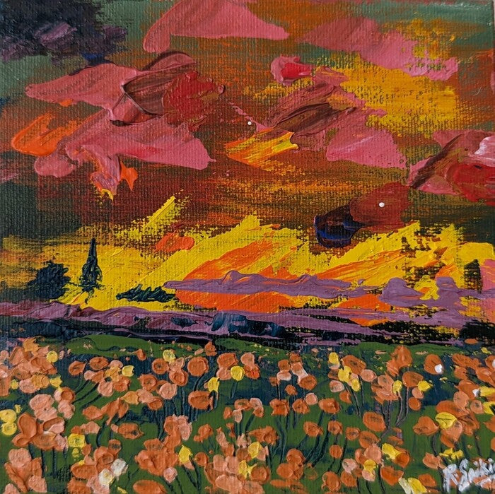 Sunset on a Poppy Field, 2023, acrylic on canvas, 4 x 4 in. / 10.16 x 10.16 cm.