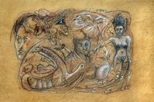 Tales of the Clover Bottom Witch, 2022, charcoal on brown paper, 8 x 10 in. / 20.32 x 25.4 cm.