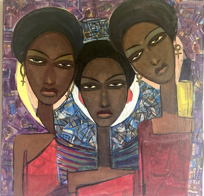 Three Ladies, 2023, acrylic and paper collage on canvas, 36 x 36 in. / 91.44 x 91.44 cm.