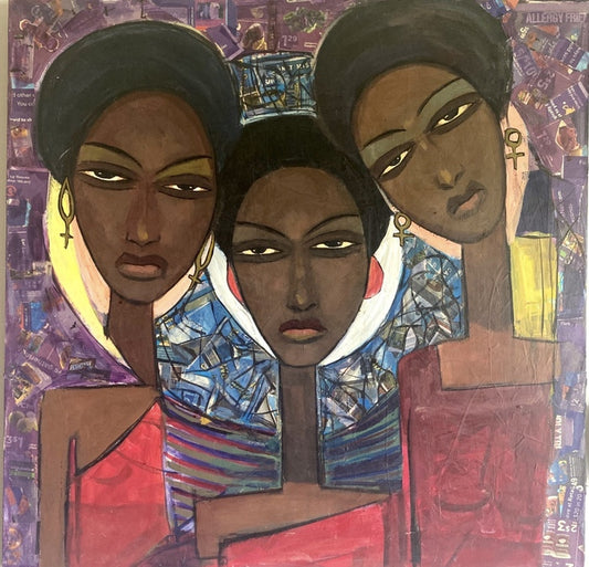 Three Ladies, 2023, acrylic and paper collage on canvas, 36 x 36 in. / 91.44 x 91.44 cm.