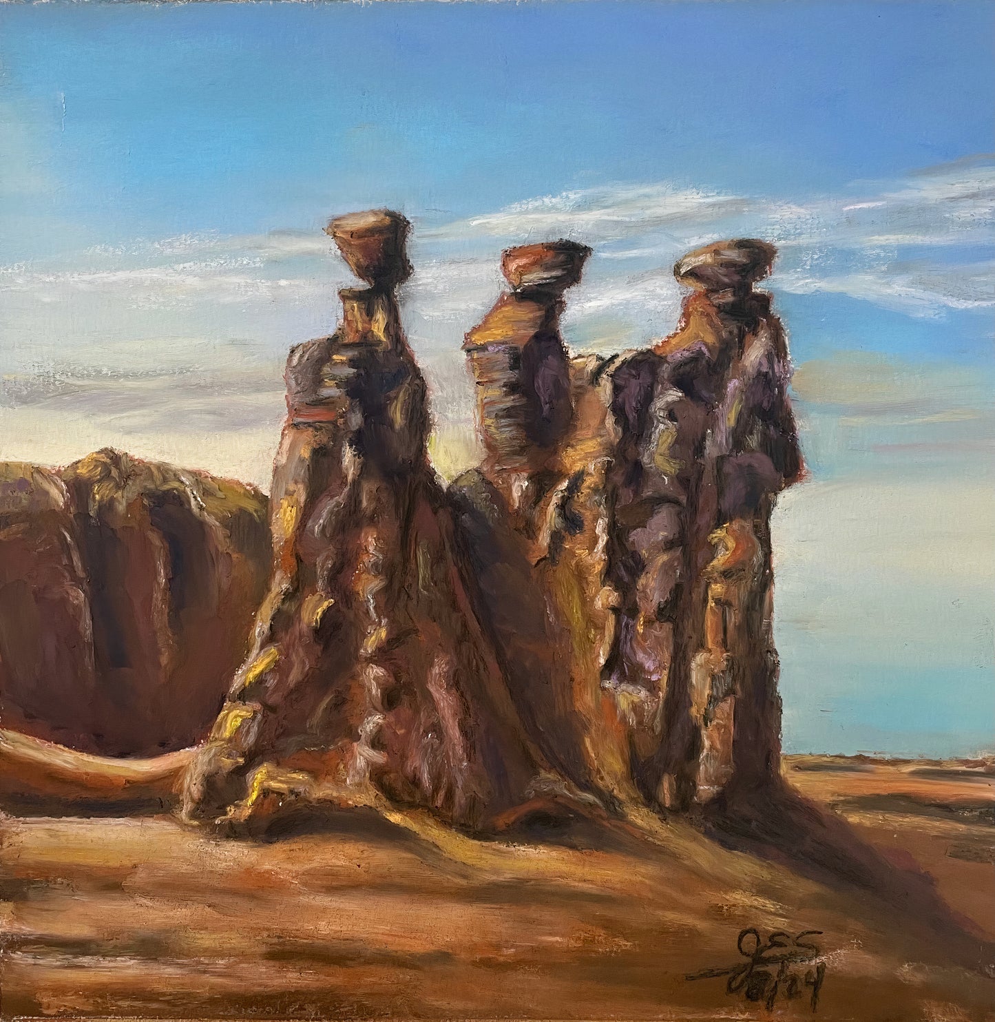 The Three Gossips, 2024, soft pastels, 8 x 8 in. / 20.32 x 20.32 cm.