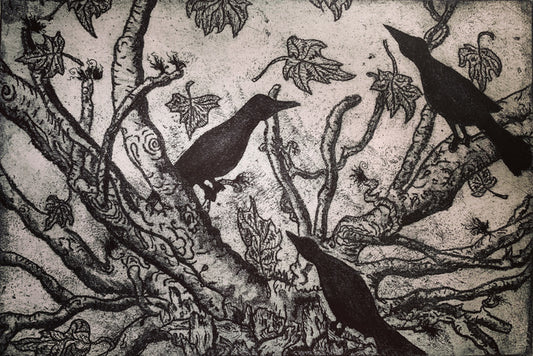 Three Grackles, 2023, etching on handmade paper, 5.7 x 8.2 in. / 14.5 x 21 cm.