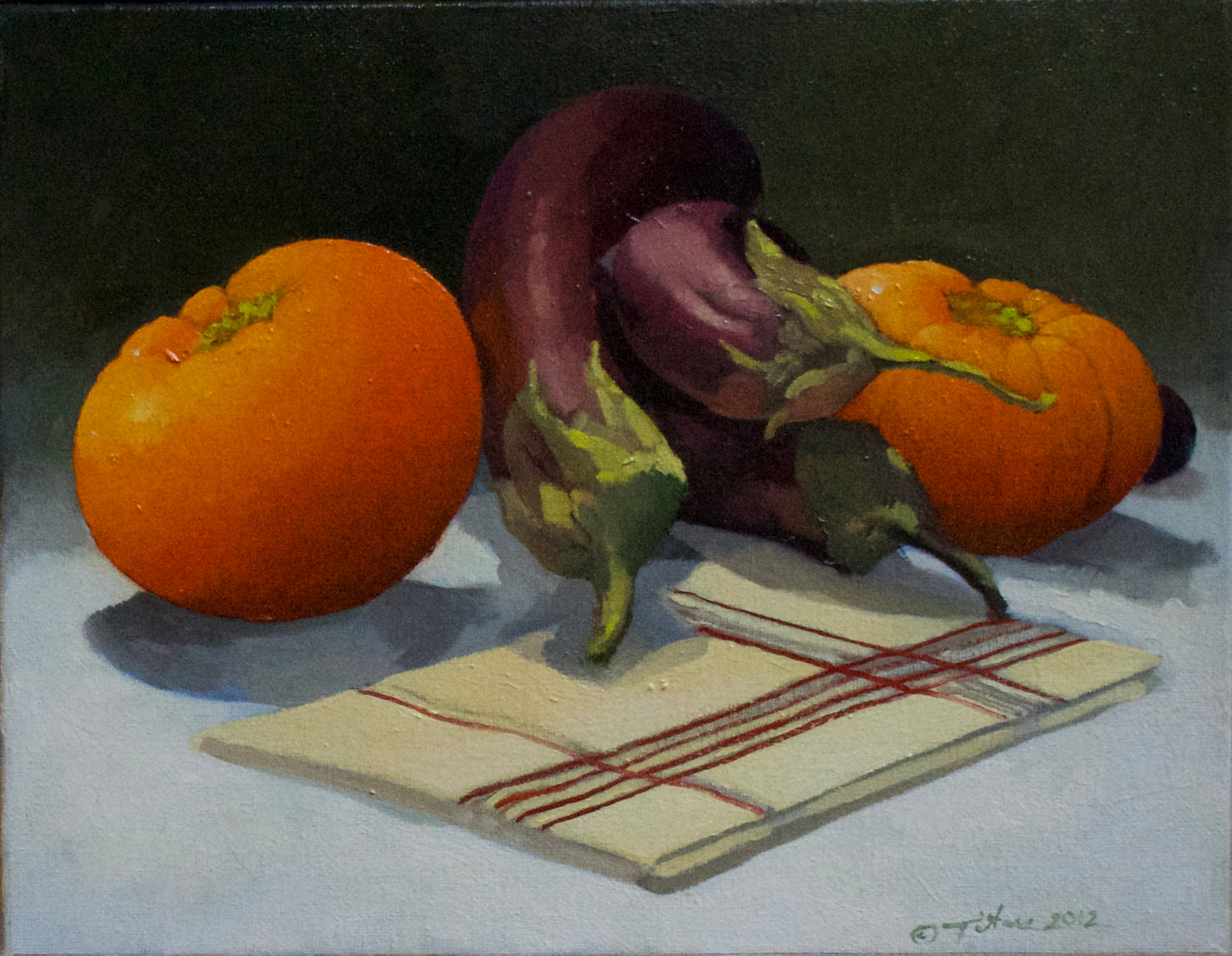 Tomato & Eggplant, 2024, oil on canvas, 11 x 14 in. / 27.94 x 35.56 cm.