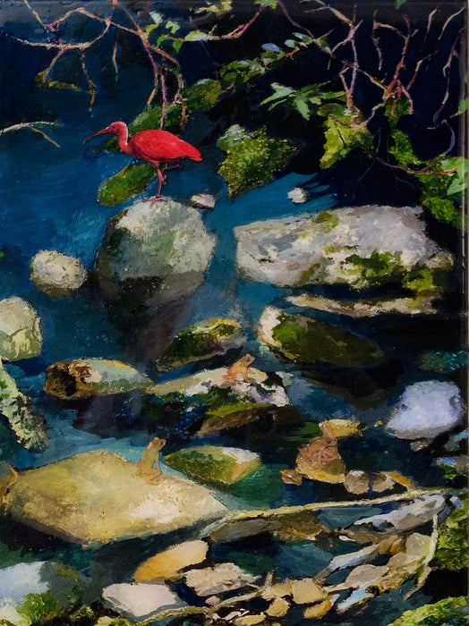 Tropical Rainforest: Coral Ibis and Frogs, 2020, mixed media on aquabord, 24 x 18 in. / 60.96 x 45.72 cm.