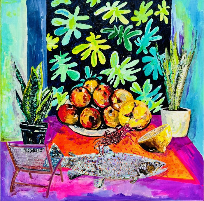 Tropical Still Life with Crab, Fish and Fruit, 2023, acrylic mixed media on canvas, 40 x 40 cm. / 15.7 x 15.7 in.