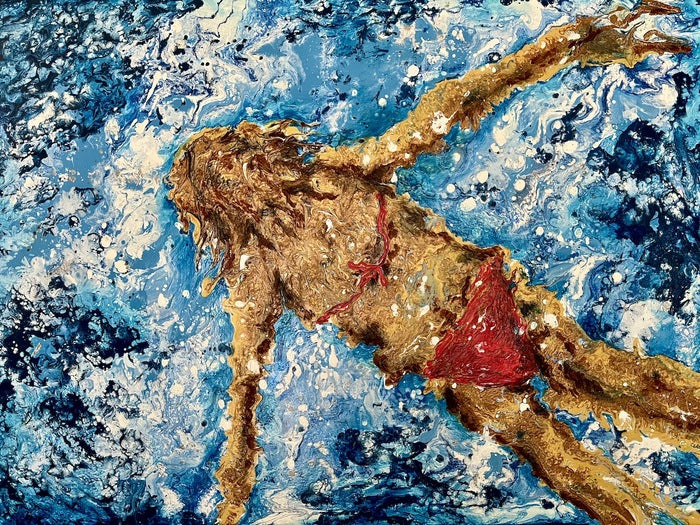Underwater Swimmer 1, 2022, acrylic pour on canvas, 30 x 40 in. / 76.2 x 101.6 cm.