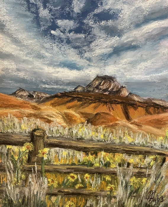 Outside of Thermopolis Wyoming, 2023, soft pastels, 8 x 10 in. / 20.32 x 25.4 cm.