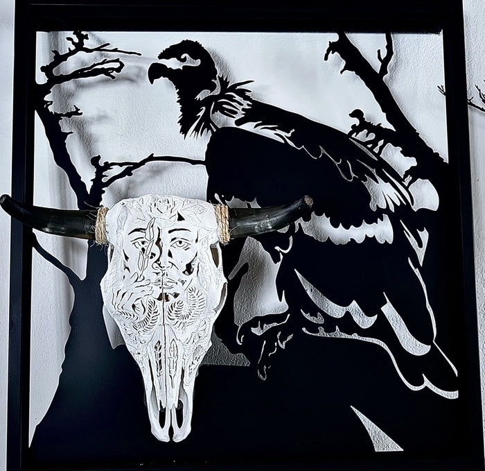 Vulture and Skull, 2024, cow skull and steel, 35 x 34 in. / 88.9 x 86.36 cm.