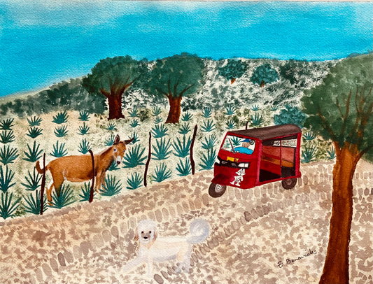 Waiting for an Uber Mexican Style, 2024, watercolor, 16.5 x 12.5 in. / 42 x 31.75 cm.