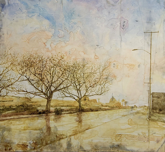 Trees on Wet Street, 2023, watercolor, 17 x 18 in. / 43.18 x 45.72 cm.