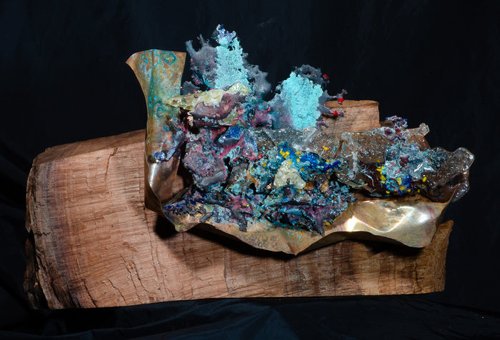 Splash Copper & Glass Casting On Redwood Sculpture, 2023, mixed media, 15 x 17 in. / 38.1 x 43.18 cm.